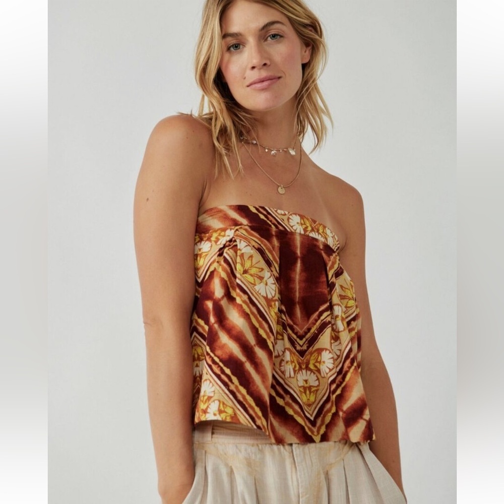 Free People Sz S Kendra Print Top Strapless Sleeveless Cream Brown Yellow Orange